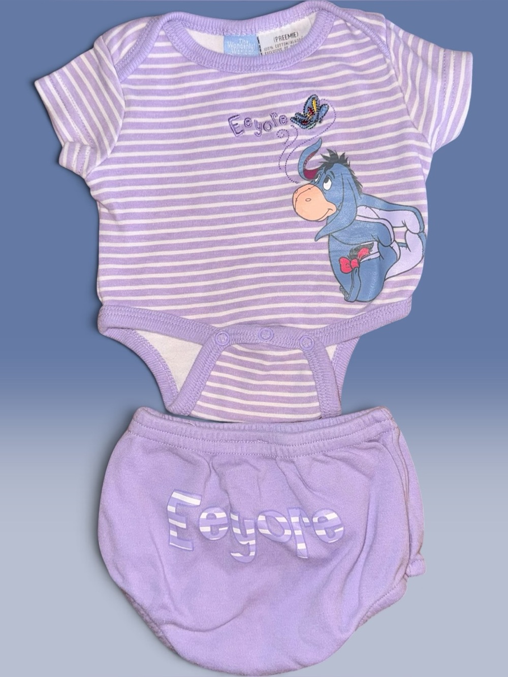 Vintage Disney Eeyore Striped Bodysuit & Diaper Cover Set (Preemie)